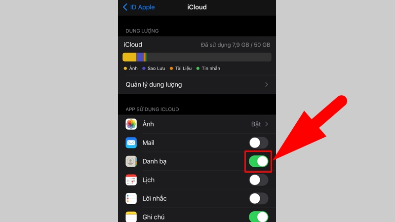 Bật đồng bộ iCloud cho Danh bạ